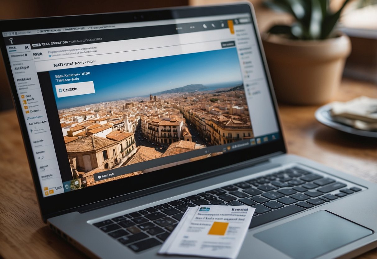 Una computadora portátil abierta que muestra opciones de visa para nómadas digitales en España, rodeada de documentos legales y un mapa del país.
