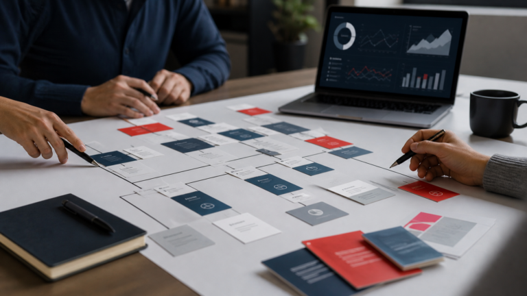 Planificacion de arquitectura de contenidos SEO y estrategia de marca sobre una mesa de trabajo
