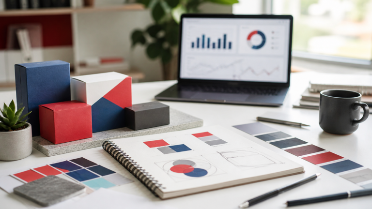 Mesa de estrategia de marca con materiales visuales y analitica para comercializar un negocio