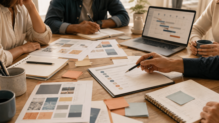 Reunion de trabajo con briefing, notas, roadmap y sistema de color para un proyecto de marca
