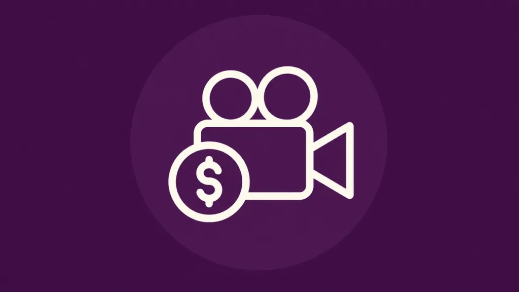 Icono lineal de cámara y moneda para coste de vídeo publicitario