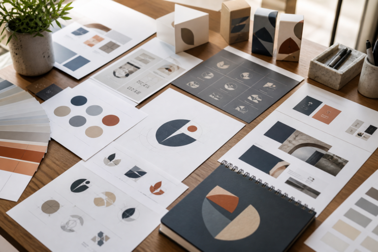 Materiales de diseño de marca con paletas, bocetos y sistema visual