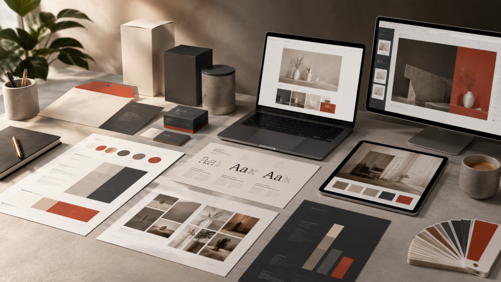 Sistema de identidad visual con muestras de color, tipografia y aplicaciones de marca
