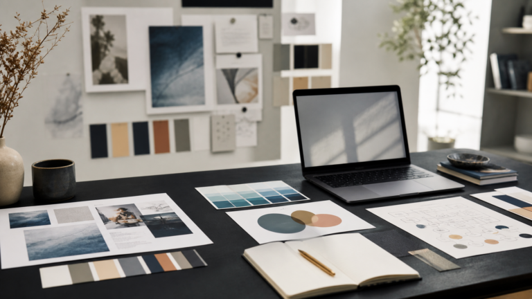 Mesa de estrategia de marca con moodboard y materiales de marketing