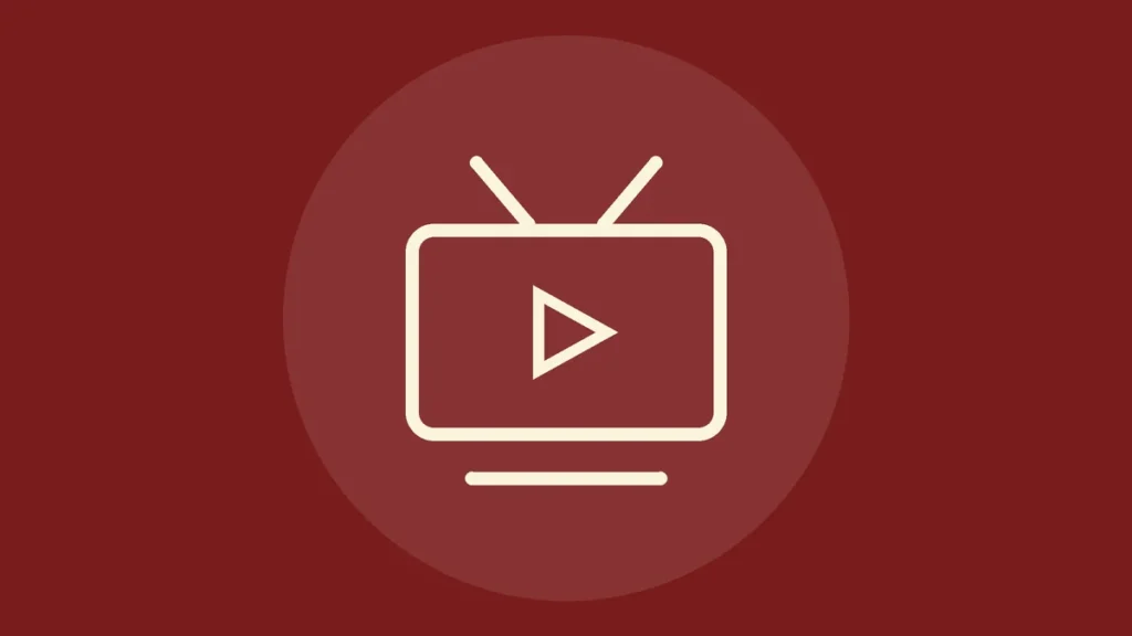 Icono de línea de una pantalla de televisión con un botón de reproducción sobre fondo rojo