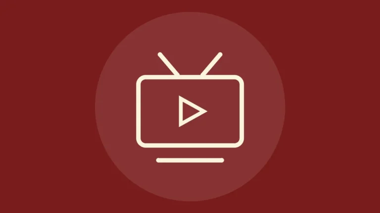 Icono de línea de una pantalla de televisión con un botón de reproducción sobre fondo rojo