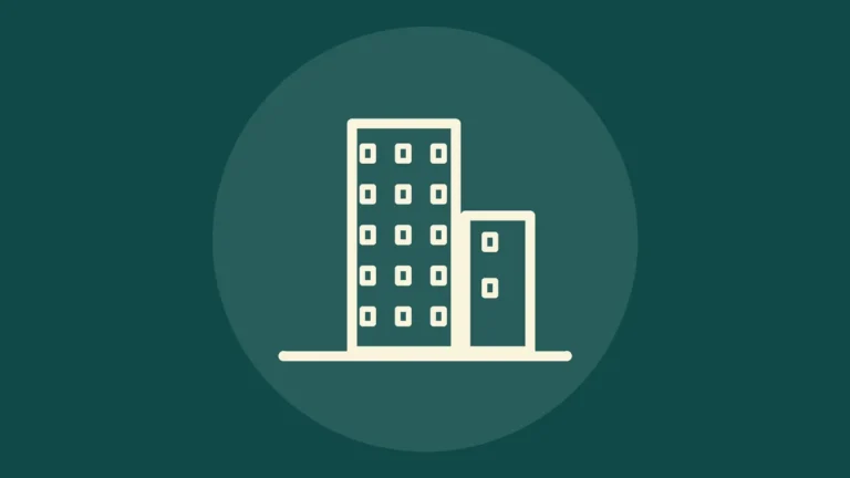 Icono de línea de dos edificios de oficinas sobre fondo verde azulado