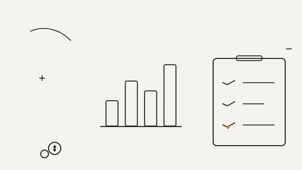 Ilustración lineal de un gráfico de barras y una lista de comprobación que representan la priorización de canales de marketing