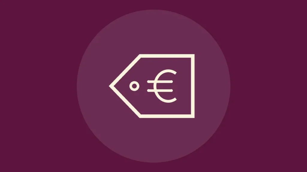 Icono de línea de una etiqueta de precio con símbolo de euro sobre fondo ciruela