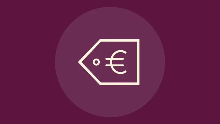 Icono de línea de una etiqueta de precio con símbolo de euro sobre fondo ciruela