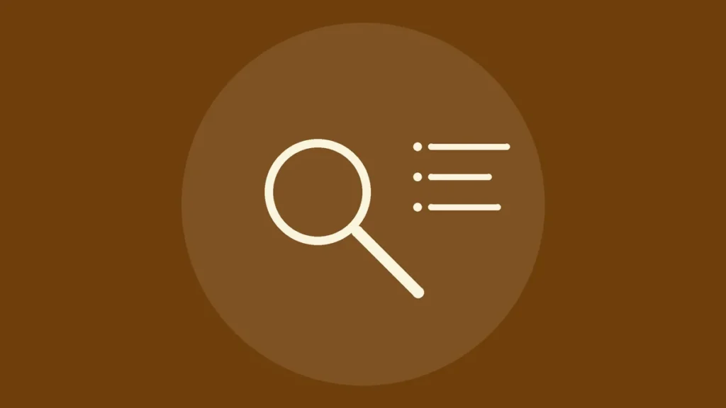 Icono de línea de una lupa junto a una lista de búsquedas sobre fondo ocre