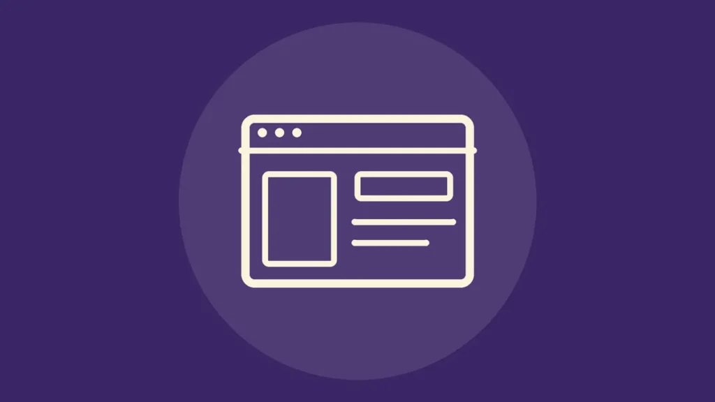 Icono de línea de una ventana de navegador con bloques de diseño sobre fondo violeta