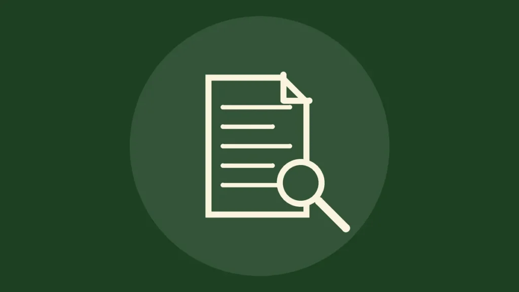 Icono de línea de un documento con una lupa sobre fondo verde oscuro