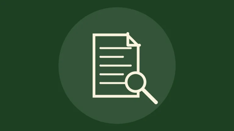 Icono de línea de un documento con una lupa sobre fondo verde oscuro